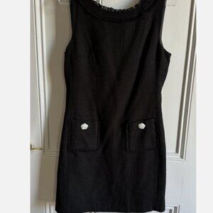 KARL LAGERFELD PARIS BLACK TWEED SHIFT SHEATH DRESS WITH WHITE ROSE BUTTONS 12